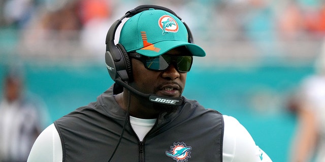 Head coach Brian Flores of the Miami Dolphins on the sidelines in the game against the Indianapolis Colts at Hard Rock Stadium on Oct. 3, 2021, in Miami Gardens, Florida. 
