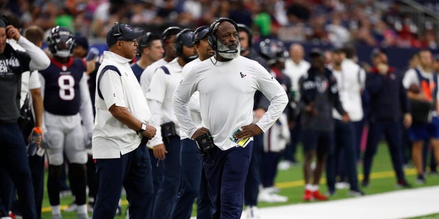 Defensive coordinator Lovie Smith reacts during the second half against the New England Patriots at NRG Stadium on Oct.  10, 2021 in Houston, Texas. 