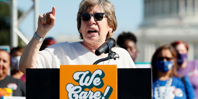 Randi Weingarten, president of the American Federation of Teachers, along with members of Congress, parents and caregiving advocates hold a press conference supporting Build Back Better investments in home care, childcare, paid leave and expanded CTC payments in front of the U.S. Capitol Building on October 21, 2021 in Washington, DC.