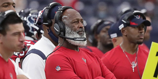Defensive coordinator Lovie Smith of the Houston Texans against the Indianapolis Colts at NRG Stadium on December 05, 2021 in Houston, Texas.