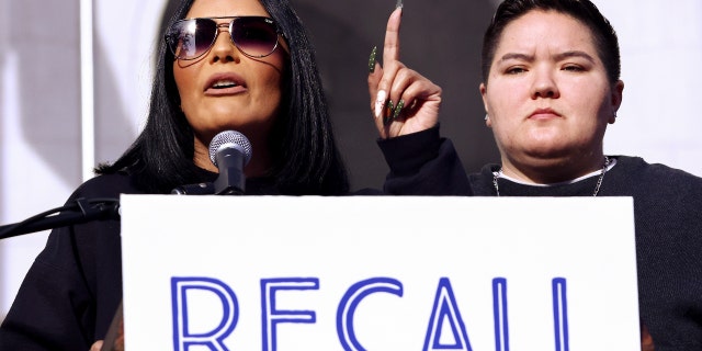 Desiree Andrade (L), whose 20-year-old son Julian Andrade was killed in 2018, speaks at a press conference with supporters of an effort to recall Los Angeles District Attorney Gascon on December 6, 2021. (Photo by Mario Tama/Getty Images)