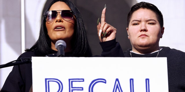 Desiree Andrade (L), whose 20-year-old son Julian Andrade was killed in 2018, speaks at a press conference with supporters of an effort to recall Los Angeles District Attorney Gascon on December 6, 2021. (Photo by Mario Tama/Getty Images)