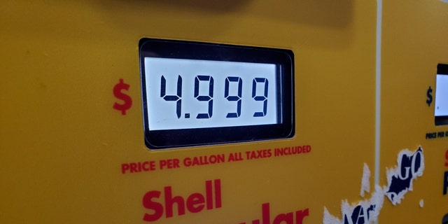 Shell gas pump showing high gas prices in Lafayette, California, November 25, 2021. 