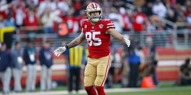 George Kittel #85 of the San Francisco 49ers celebrates after losing first during a game against the Houston Texans at Levi's Stadium on January 2, 2022 in Santa Clara, California.  The 49ers beat the Texans 23-7. 