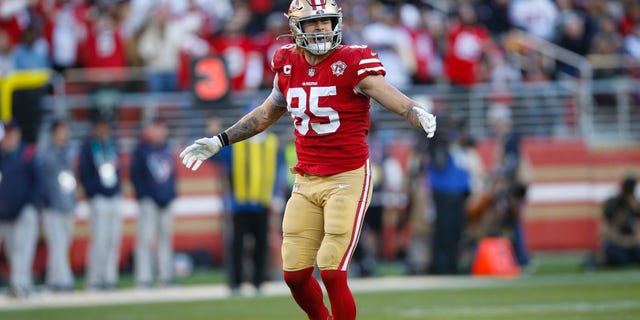 George Kittle #85 of the San Francisco 49ers celebrates after making a first down during the game against the Houston Texans at Levi's Stadium on January 2, 2022 in Santa Clara, California. The 49ers defeated the Texans 23-7.