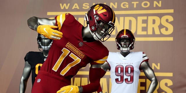 A detailed view of the new Washington Commanders uniforms at FedEx Field in Landover, Maryland, on Feb. 2, 2022.