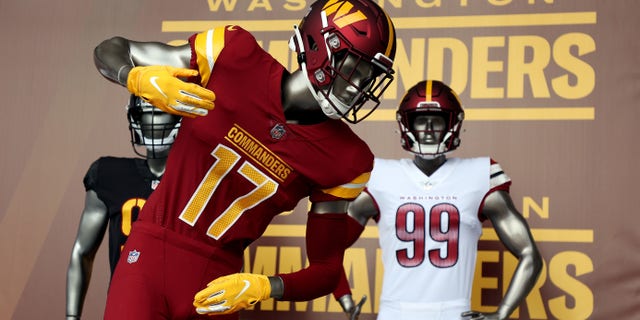 A detailed view of the new Washington Commanders uniforms at FedEx Field in Landover, Maryland, on Feb. 2, 2022.