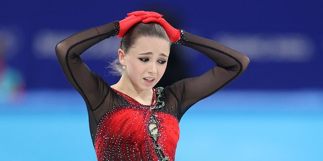 Kamila Valieva of Team ROC reacts during the women single skating free skating team event at the 2022 Winter Olympics on Feb, 7, 2022, in Beijing, China. 