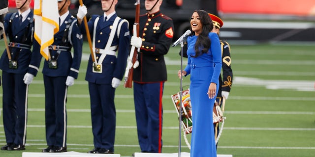 Singer Mickey Guyton performs the national anthem before Super Bowl LVI.