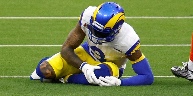 Odell Beckham Jr. #3 of the Los Angeles Rams lies on the ground after an injury in the second quarter against the Cincinnati Bengals during Super Bowl LVI at SoFi Stadium on February 13, 2022 in Inglewood, California. 
