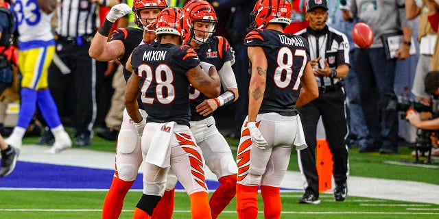 Joe Burrow (9) of the Cincinnati Bengals reacts during a game against the Los Angeles Rams during Super Bowl LVI at SoFi Stadium Feb. 13, 2022, in Inglewood, Calif.