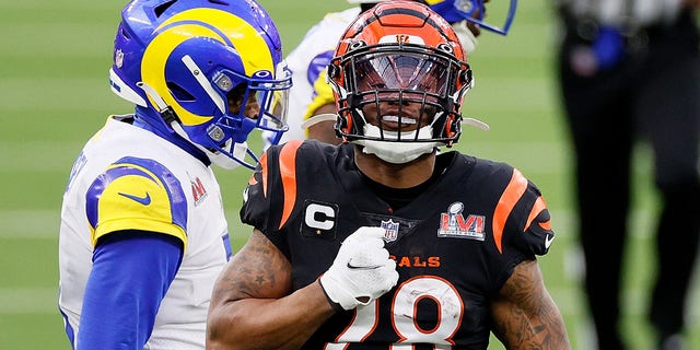 Joe Mixon № 28 of Cincinnati Bengals reacted in the second quarter during the LVI Super Cup against the Los Angeles Rams at SoFi Stadium on February 13, 2022 in Inglewood, CA.