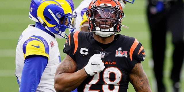 Joe Mixon № 28 of Cincinnati Bengals reacted in the second quarter during the LVI Super Cup against the Los Angeles Rams at SoFi Stadium on February 13, 2022 in Inglewood, CA.