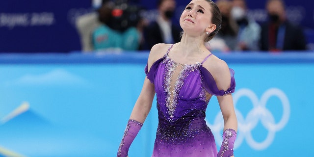 Beijing 2022 Winter Olympics Kamila Valieva of Team ROC reacts after skating during the Women's Individual Skating Short Program on Day Eleven of the <a class=