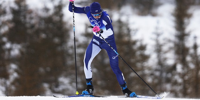 Remi Lindholm of Team Finland competes during the Men's Cross-Country Skiing 50km Mass Start Free on Day 15 of the Beijing 2022 Winter Olympics at The National Cross-Country Skiing Centre on February 19, 2022, in Zhangjiakou, China. The event distance has been shortened to 30k due to weather conditions.