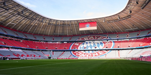 Inside the Allianz Arena before the Bundesliga match between FC Bayern München and SpVgg Greuther Fürth at Allianz Arena on February 20, 2022 in Munich, Germany.