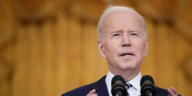 President Joe Biden delivers remarks about Russia's "unprovoked and unjustified" military invasion of neighboring Ukraine in the East Room of the White House on Feb. 24, 2022, a Washington, D.C.