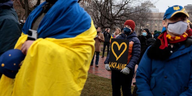 Anti-war demonstrators and Ukrainians living in the U.S. protest against Russia's military operation in Ukraine in Lafayette Park on Feb. 24, 2022 in Washington, D.C.
