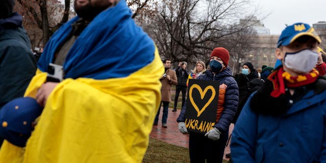 Anti-war demonstrators and Ukrainians living in the U.S. protest against Russia's military operation in Ukraine in Lafayette Park on Feb. 24, 2022 in Washington, D.C.