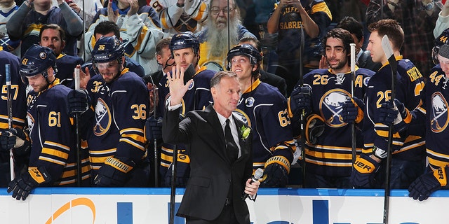 Hall of Fame goaltender Dominik Hasek of the Buffalo Sabres is introduced during ceremonies to retire his number 39 before their game against the Detroit Red Wings on January 13, 2015 at the First Niagara Center in Buffalo, New York.  