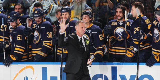 Hall of Fame goaltender Dominik Hasek of the Buffalo Sabres is introduced during ceremonies to retire his number 39 before their game against the Detroit Red Wings on January 13, 2015 at the First Niagara Center in Buffalo, New York.