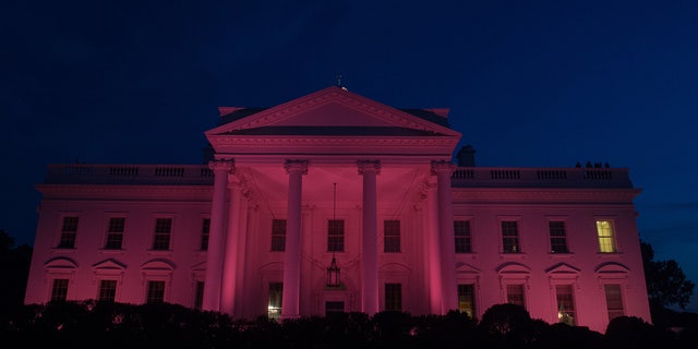 The White House is lit up in pink for breast cancer awareness month in Washington,DC, on October 20, 2016.