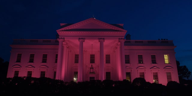 The White House is lit up in pink for breast cancer awareness month in Washington,DC, on October 20, 2016.