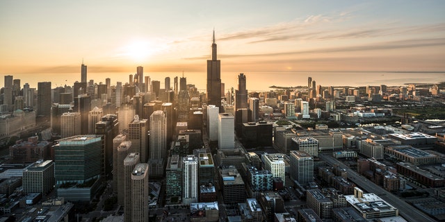 Aerial shot of Chicago waterfront at sunrise