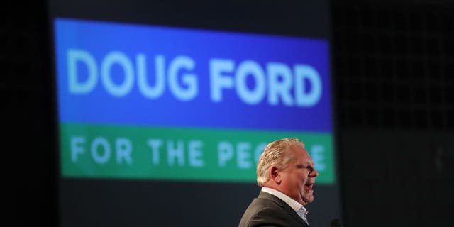Doug Ford skips the Provincial Leaders debate hosted by the Black Community to campaign in Northern Ontario including this a rally attended by approximately 300 people at Cambrian College in Sudbury, on April 11, 2018.