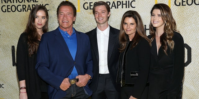 (L-R) Christina Schwarzenegger, Arnold Schwarzenegger, Patrick Schwarzenegger, Maria Shriver and Katherine Schwarzenegger attend the premiere of National Geographic's ‘The Long Road Home’ at Royce Hall on October 30, 2017, in Los Angeles, California. 