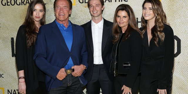 (L-R) Christina Schwarzenegger, Arnold Schwarzenegger, Patrick Schwarzenegger, Maria Shriver and Katherine Schwarzenegger attend the premiere of National Geographic's "The Long Road Home" at Royce Hall Oct. 30, 2017, in Los Angeles.