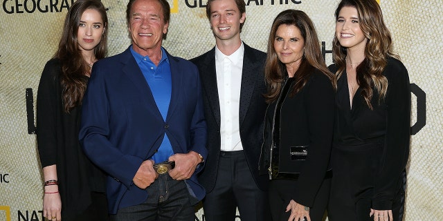 (L-R) Christina Schwarzenegger, Arnold Schwarzenegger, Patrick Schwarzenegger, Maria Shriver and Katherine Schwarzenegger attend the premiere of National Geographic's ‘The Long Road Home’ at Royce Hall on October 30, 2017, in Los Angeles, California. 