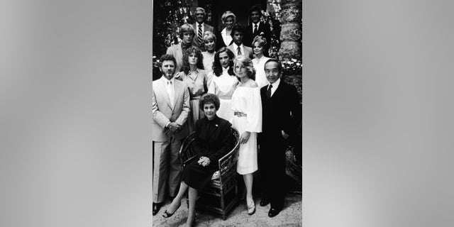 Promotional portrait of the cast of the television series, 'Falcon Crest,' circa 1981. Featured actors include (front, L-R): Robert Foxworth, Jane Wyman, Susan Sullivan and Lorenzo Lamas.