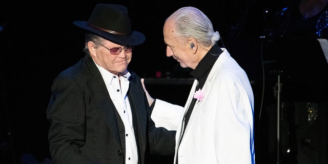 Musicians Micky Dolenz and Michael Nesmith of The Monkees perform onstage during the final show of "The 55th Anniversary Farewell Tour" at The Greek Theatre on Nov. 14, 2021, in Los Angeles, California. 