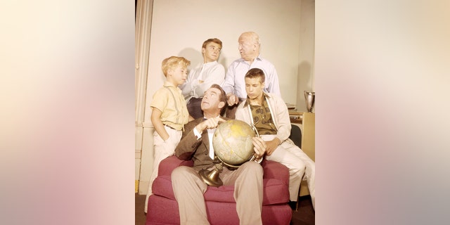 Some cast members from the TV series 'My Three Sons', circa 1963. Clockwise, from left: Stanley Livingston, Tim Considine, William Frawley (1887 - 1966), Don Grady (1944 - 2012) and Fred MacMurray (1908 - 1991). 