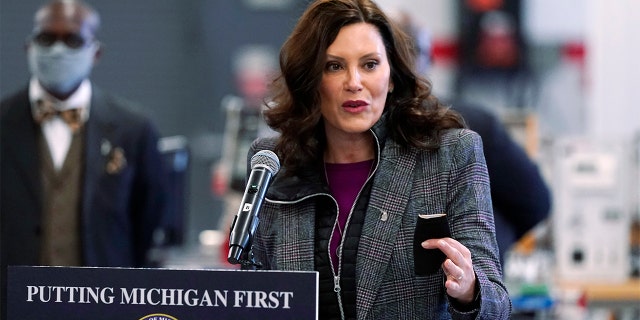 FILE - Michigan Gov. Gretchen Whitmer addresses business leaders, Monday, Dec. 20, 2021, in Detroit. 