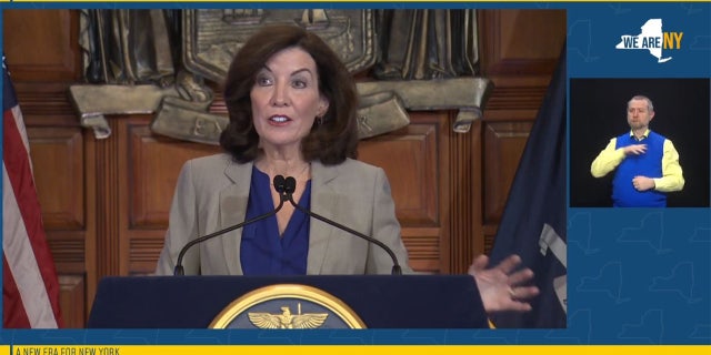 Gov. Hochul during an address in Albany, Feb. 27, 2022.