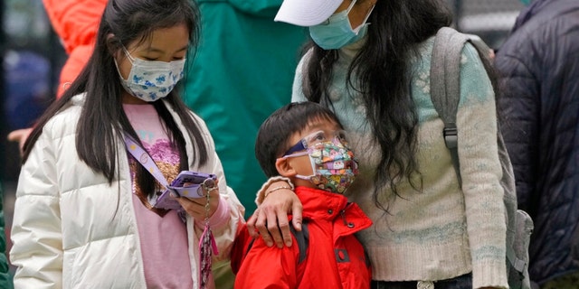 A family lines up to get tested for the coronavirus at a temporary testing center for COVID-19 in Hong Kong Feb. 17, 2022. 