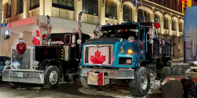 Trucks parked in Ottawa on the 19th day of the Freedom Convoy protest.