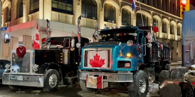 Trucks parked in Ottawa on the 19th day of the Freedom Convoy protest.