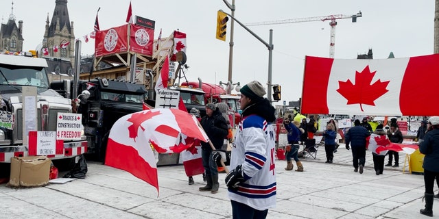 Man waves a Canadian flag on the 20th day of the Freedom Convoy in Ottawa