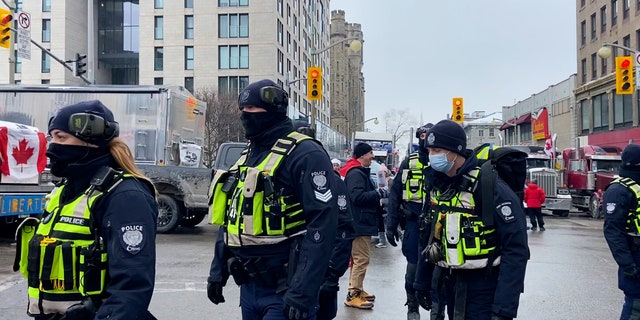 Police in Ottawa, Ontario walk through the crowd at the "Freedom Convoy"