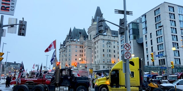 Trucks block roads in downtown Ottawa, Canada.