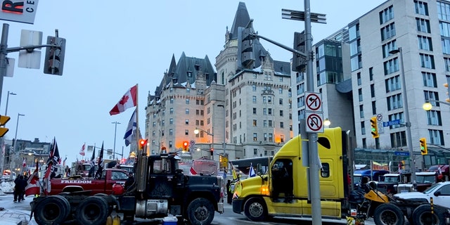 Trucks block roads in downtown Ottawa, Canada.