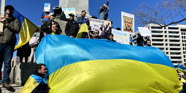 Ukrainian-Americans wave the giant Ukrainian flag in Washington, DC