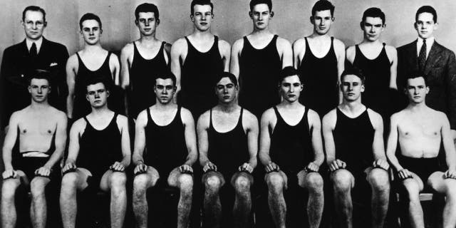 US statesman John Fitzgerald Kennedy, 35th president of the US (back row, third from left) with fellow members of the Harvard Swimming Team. 