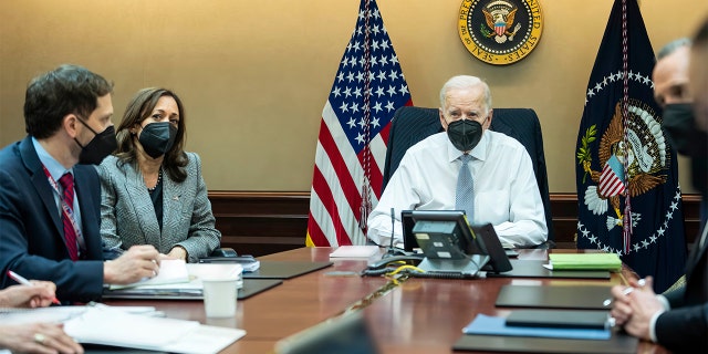 President Biden, Vice President Kamala Harris and members of the president's national security team observe from the Situation Room at the White House, on Wednesday, Feb. 2, 2022, the counterterrorism operation targeting the leader of the Islamic State.
