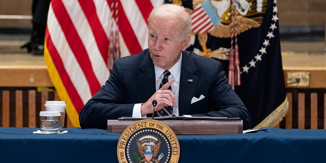 President Biden speaks at an event to discuss gun violence strategies, at police headquarters, Thursday, Feb. 3, 2022, in New York. 