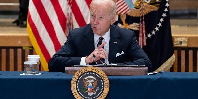 President Biden speaks at an event to discuss gun violence strategies, at police headquarters, Thursday, Feb. 3, 2022, in New York. 