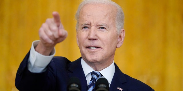 President Biden calls on reporters for questions while speaking about the Russian invasion of Ukraine in the East Room of the White House, Thursday, Feb. 24, 2022, in Washington.